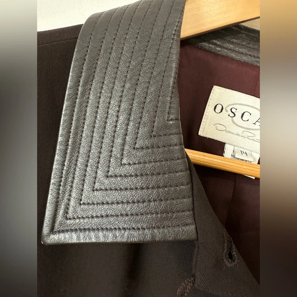 Vintage Brown Wool & Leather Contrast Blazer Jacket By Oscar De La Renta Size 14 - Picture 2 of 14